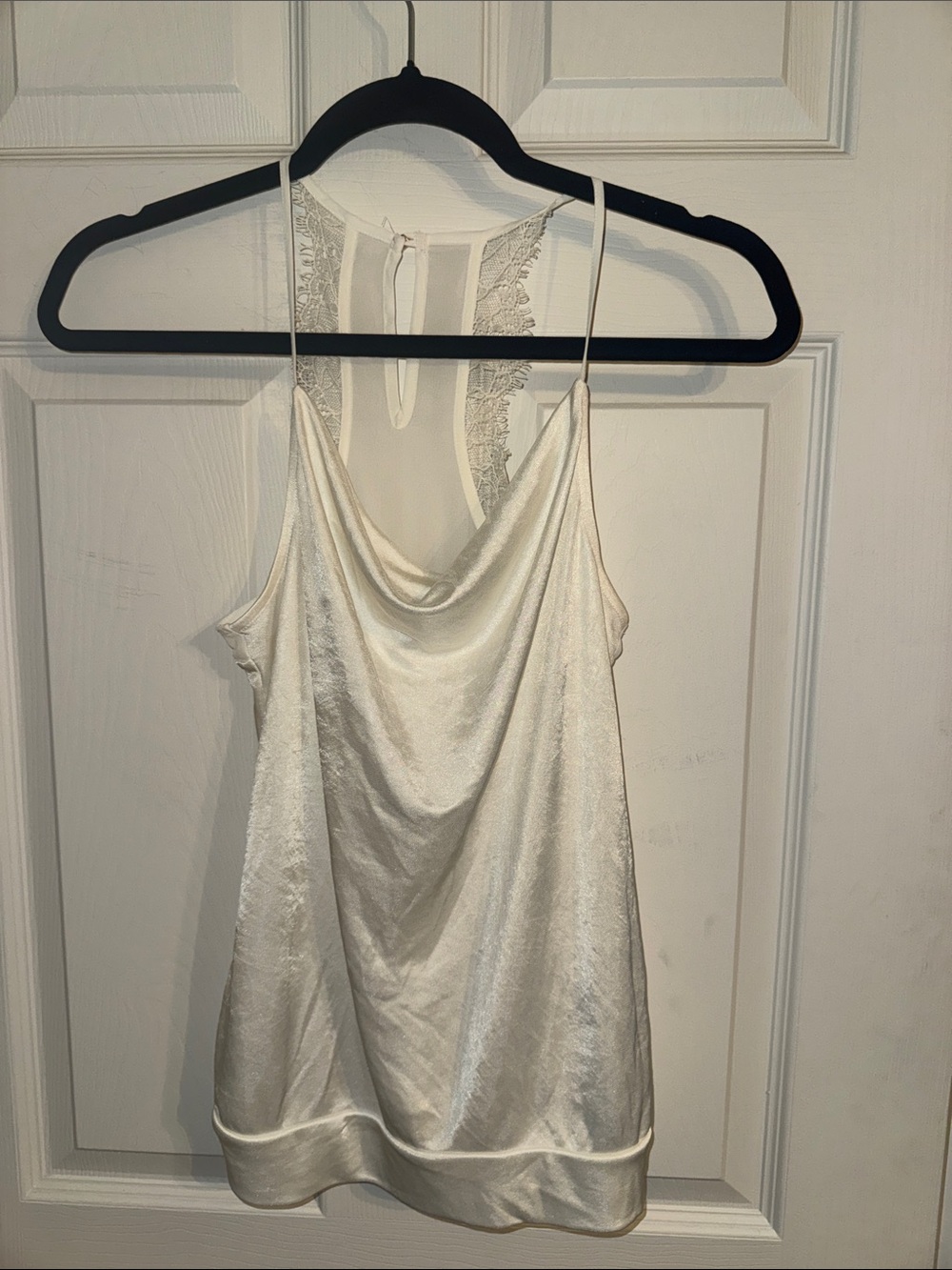 Express Ivory Satin Cowl Neck Camisole with Lace Back